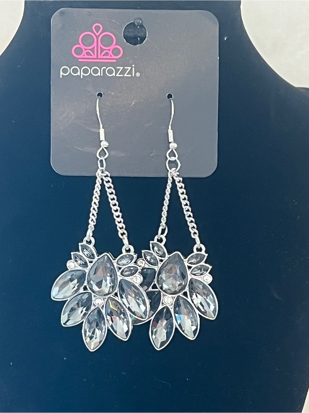 Paparazzi Silver Faceted Crystal Floral Drop Earrings - Gray